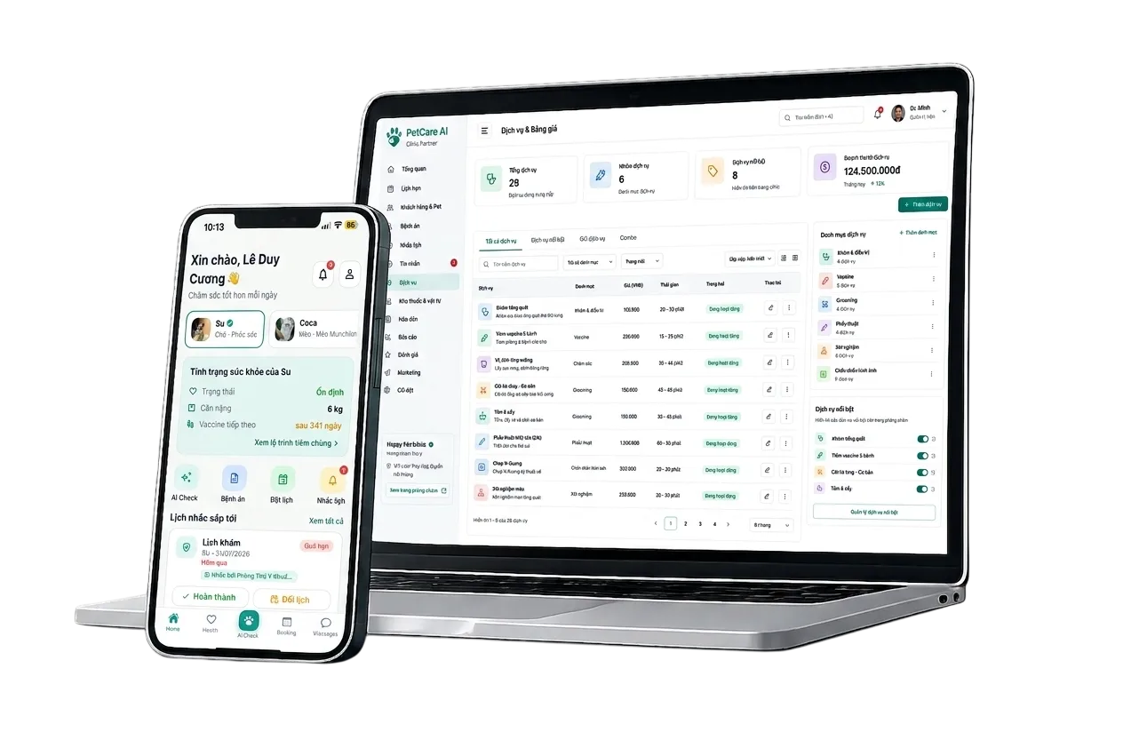 Ứng dụng Vetnest quản lý hồ sơ sức khoẻ thú cưng và dashboard phòng khám thú y