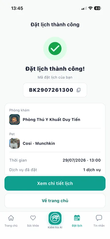 Đặt lịch thành công